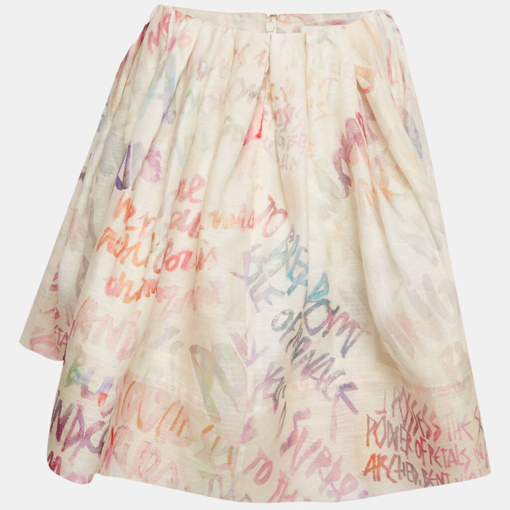 Zimmermann Cream/Multicolor Logo Print Linen and Silk Flared Mini Skirt M Zimmermann Cream/Multicolor Logo Print Linen and Silk Flared Mini Skirt M