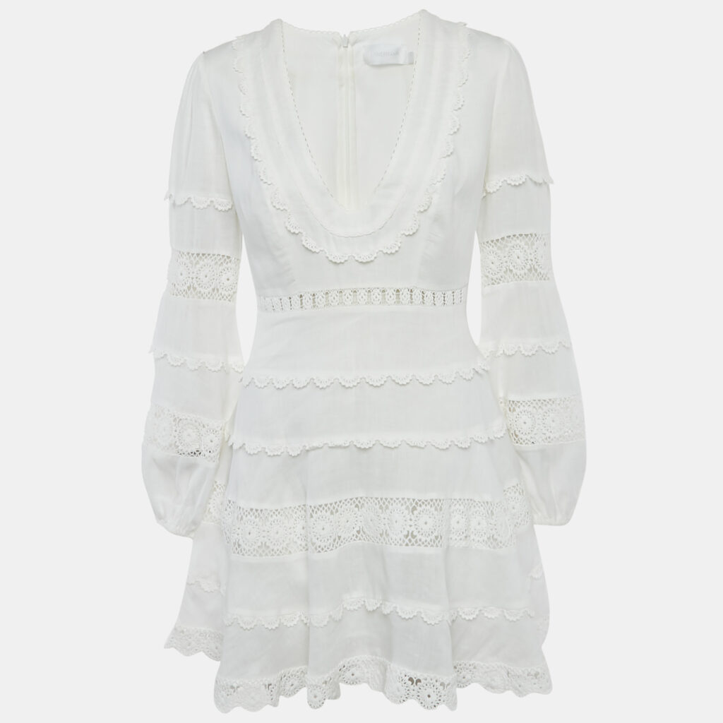 Zimmermann White Linen Lace Trimmed Castile Plunge Neck Mini Dress M Zimmermann White Linen Lace Trimmed Castile Plunge Neck Mini Dress M