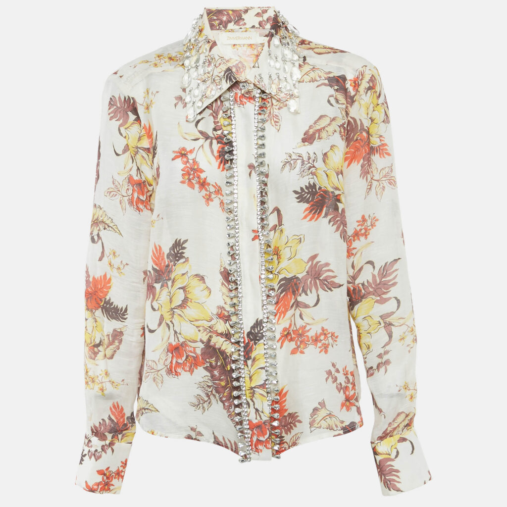 Zimmermann Beige Floral Print Embellished Linen & Silk Matchmaker Shirt L
