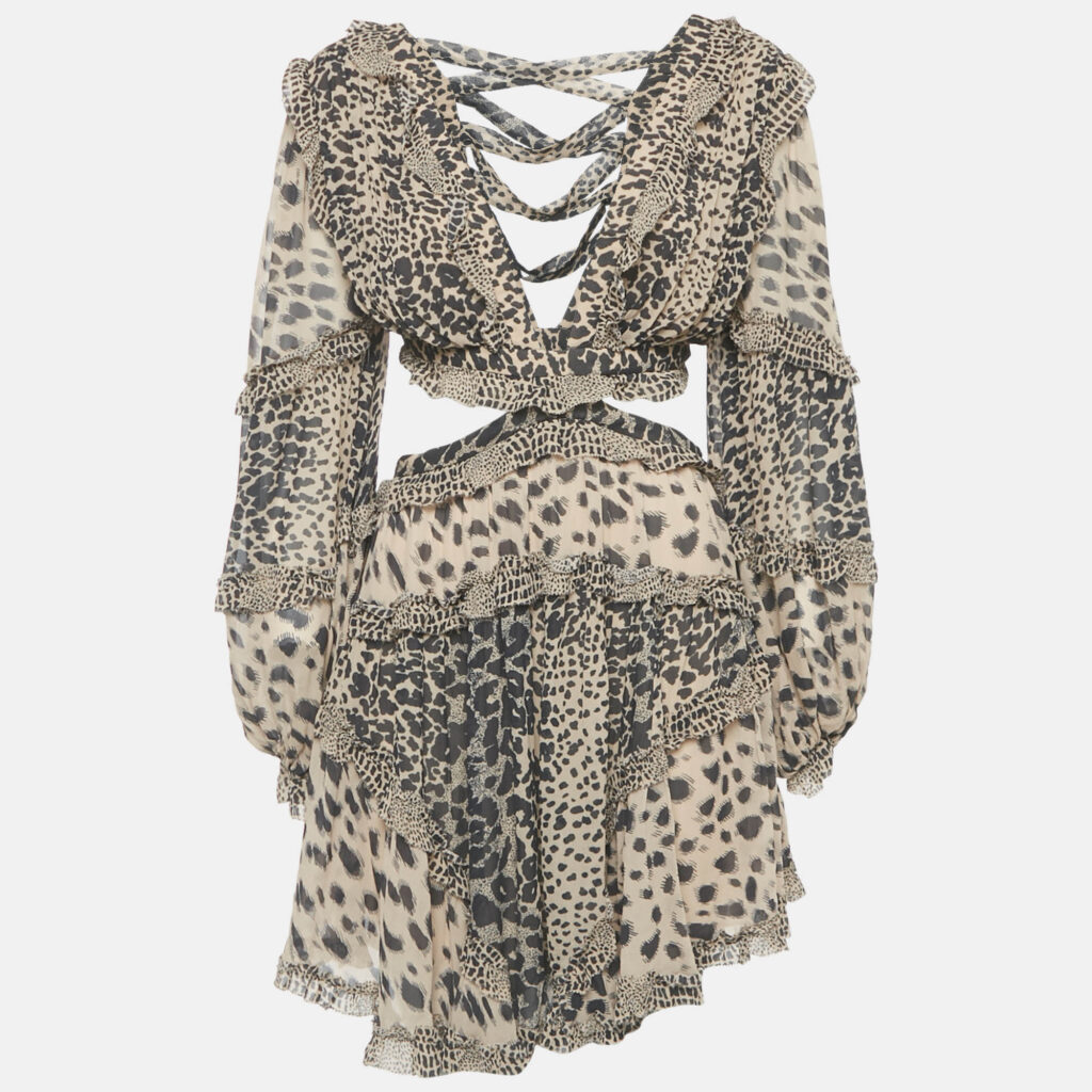Zimmermann Beige Chiffon Leopard Print Cut-Out Mini Dress M Zimmermann Beige Chiffon Leopard Print Cut-Out Mini Dress M