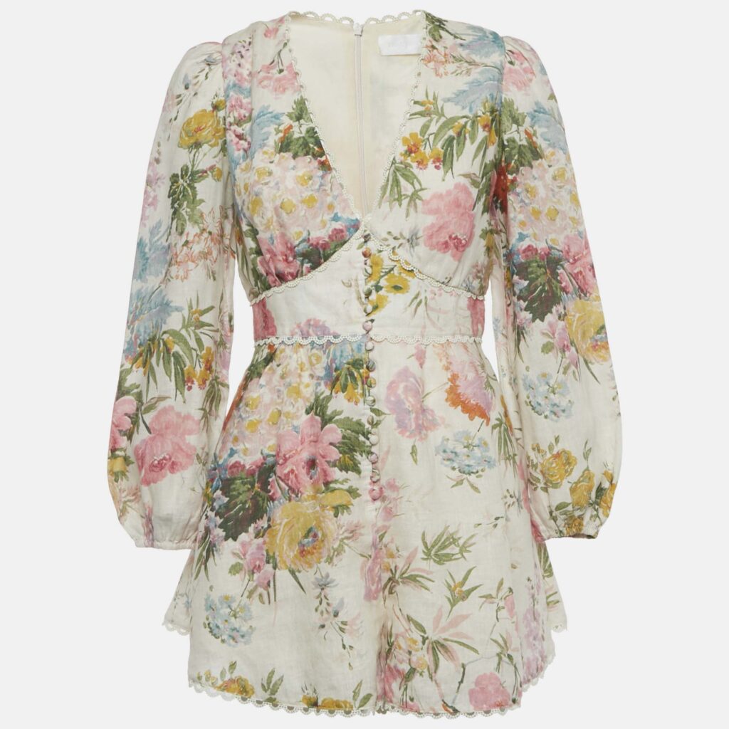 Zimmermann Beige Floral Print Linen Plunge Neck Playsuit M Zimmermann Beige Floral Print Linen Plunge Neck Playsuit M