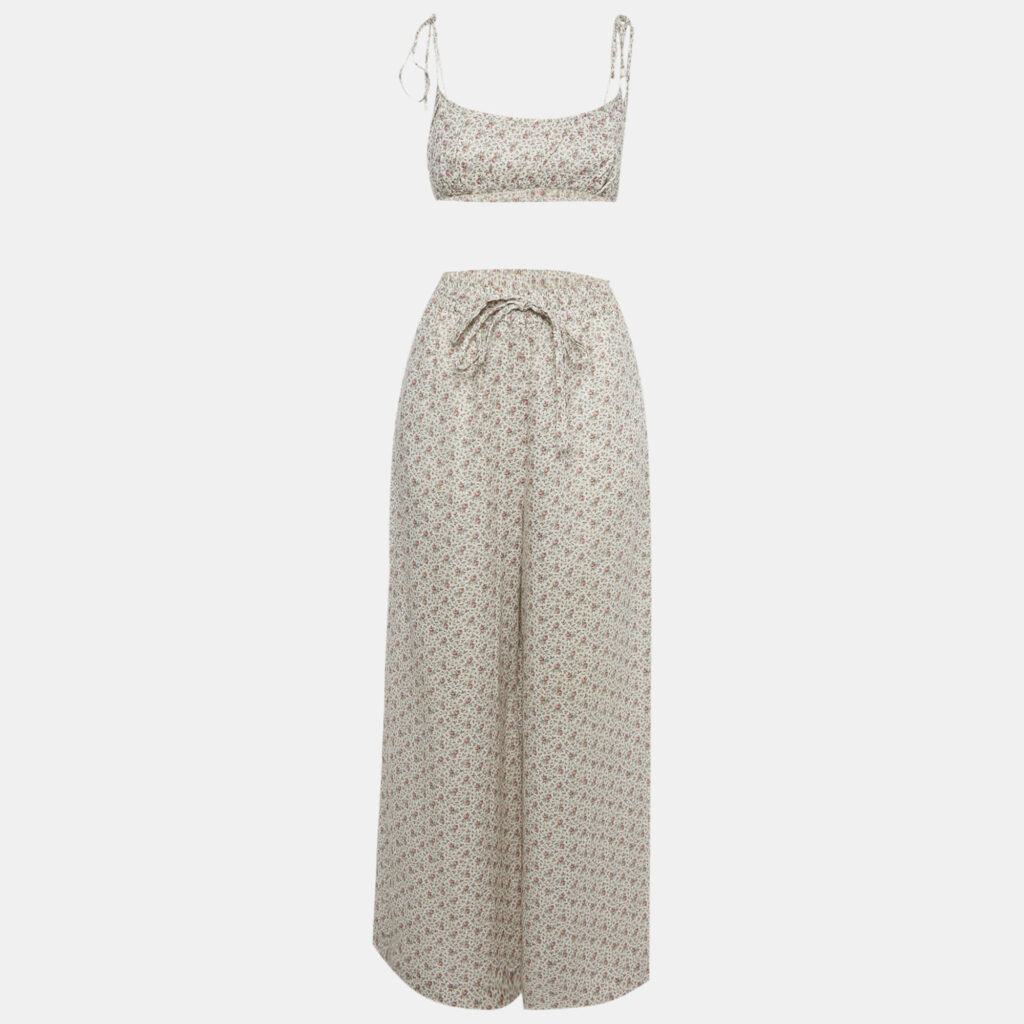 Zimmermann Off White Floral Print Linen Crop Top & Pants Set M