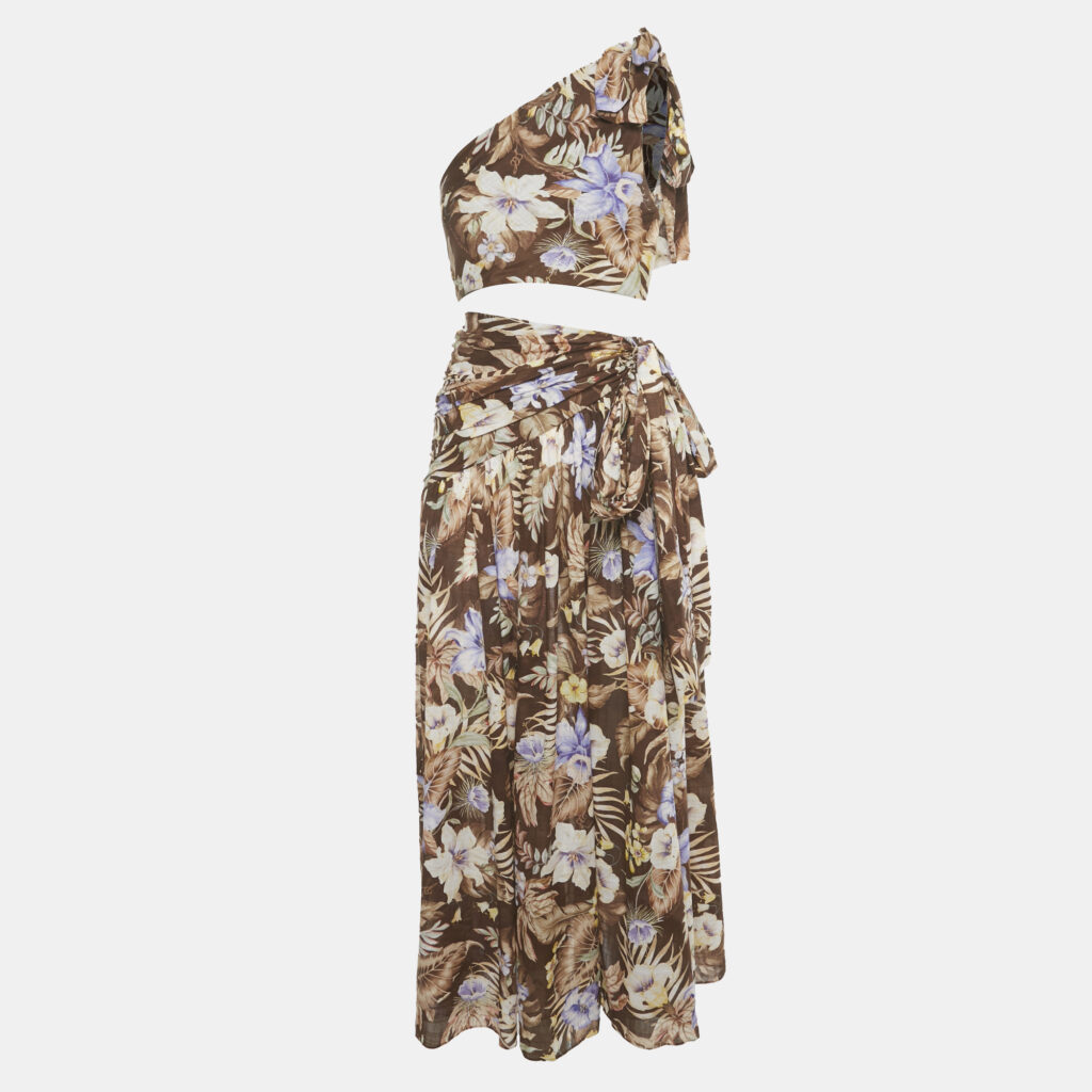 Zimmermann Brown Floral Print Cotton Coco Bow Crop Top &Skirt Set S