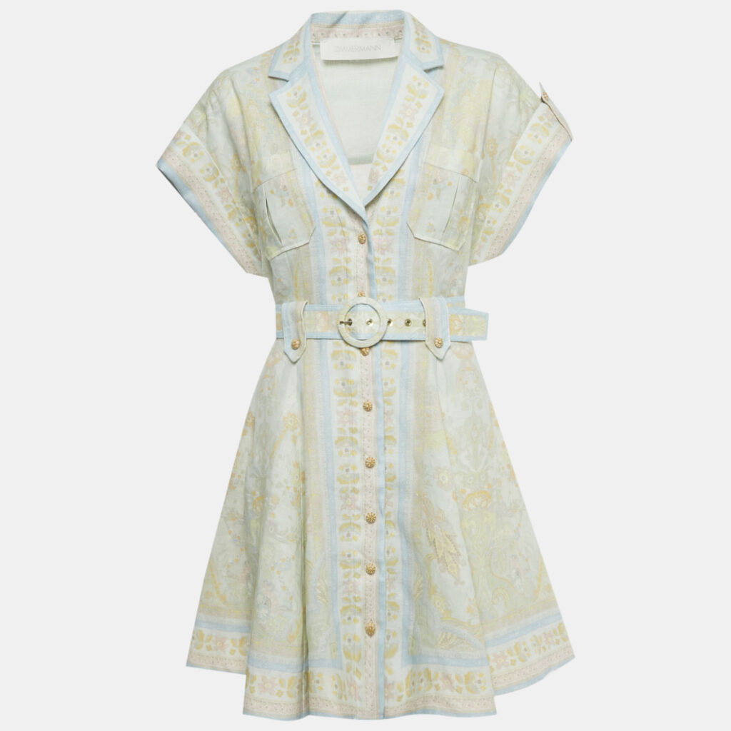 Zimmermann Light Green Paisley Print Linen Acacia Mini Dress M Zimmermann Light Green Paisley Print Linen Acacia Mini Dress M