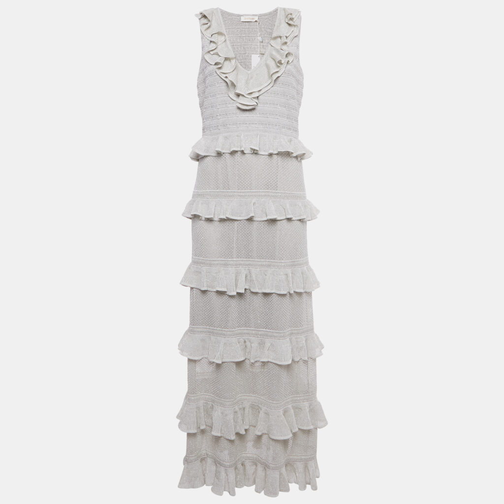 Zimmermann Silver Lurex Knit Tiered Frill Midi Dress L