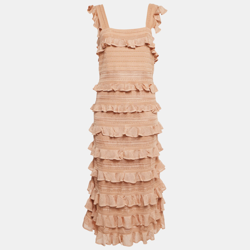 Zimmermann Beige Stretch Knit Illustration Frilled Dress L
