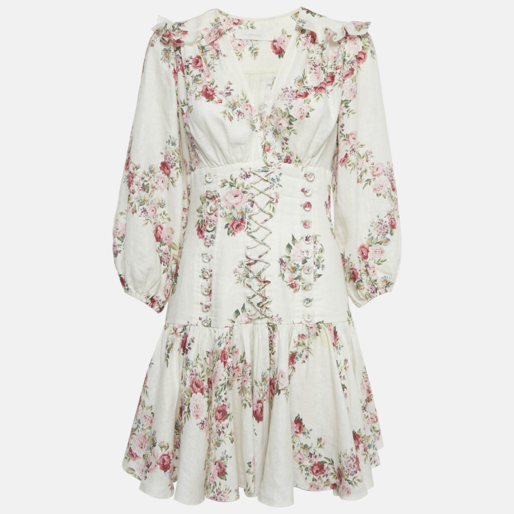 Zimmermann White Rose Print Linen Lace-Up Mini Dress M
