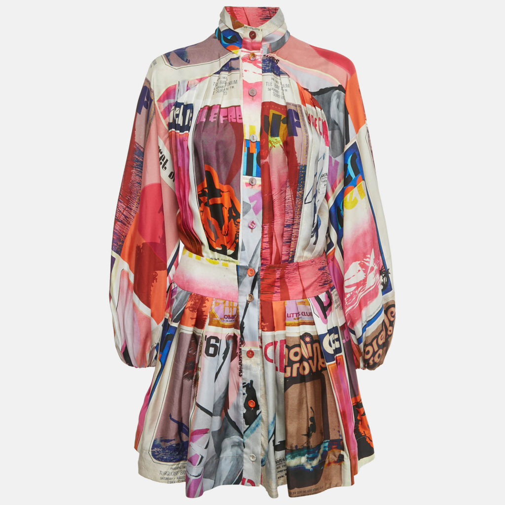 Zimmermann Multicolor Poster Print Silk Wavelength Pleated Mini Dress M Zimmermann Multicolor Poster Print Silk Wavelength Pleated Mini Dress M