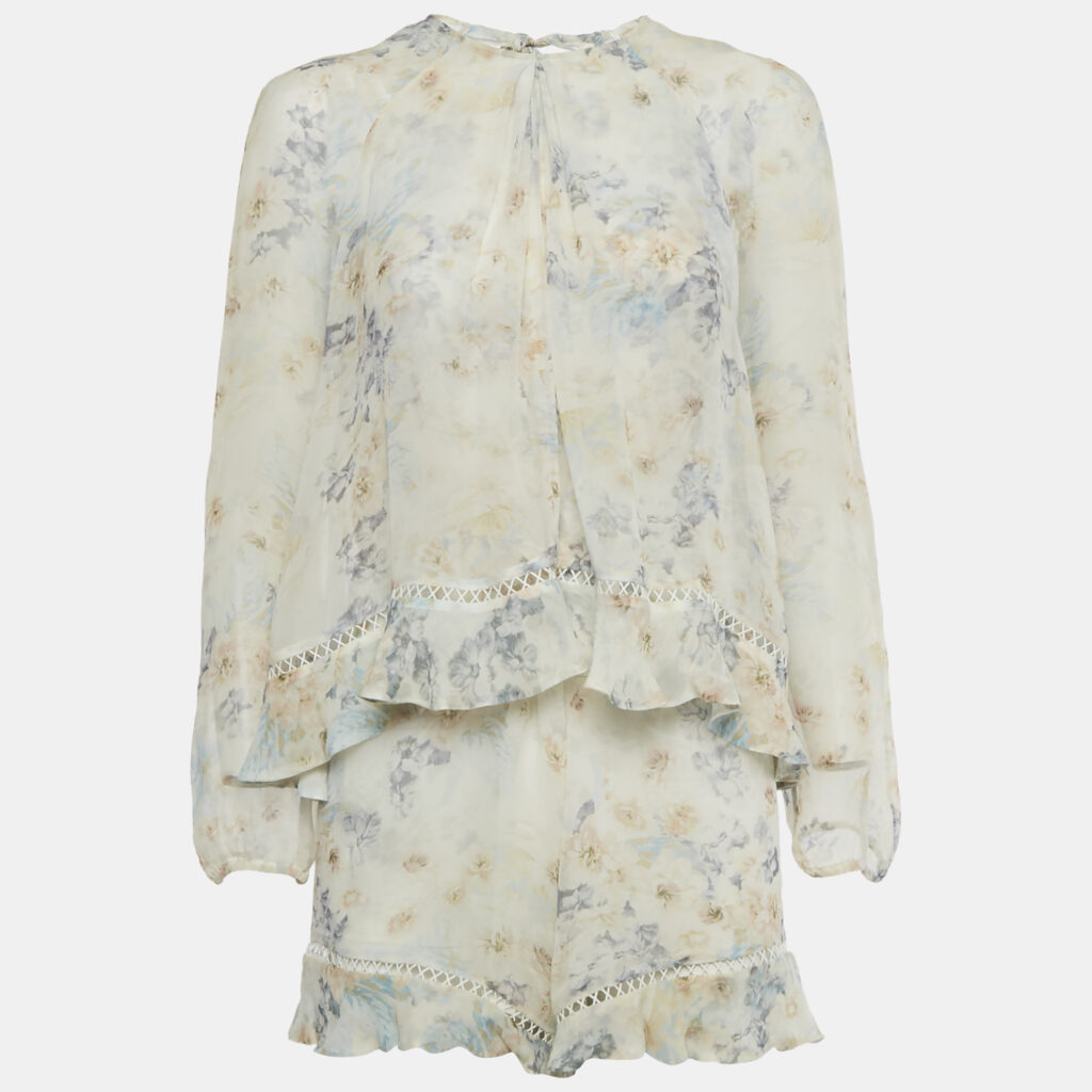 Zimmermann Cream Floral Print Silk Ruffled Playsuit S Zimmermann Cream Floral Print Silk Ruffled Playsuit S