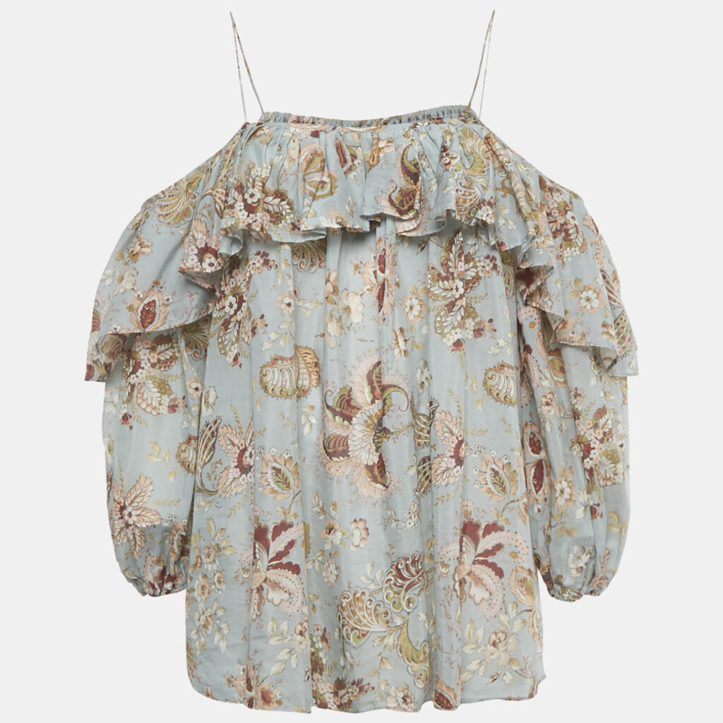 Zimmermann Blue Floral Print Cotton Ruffled Blouse S Zimmermann Blue Floral Print Cotton Ruffled Blouse S