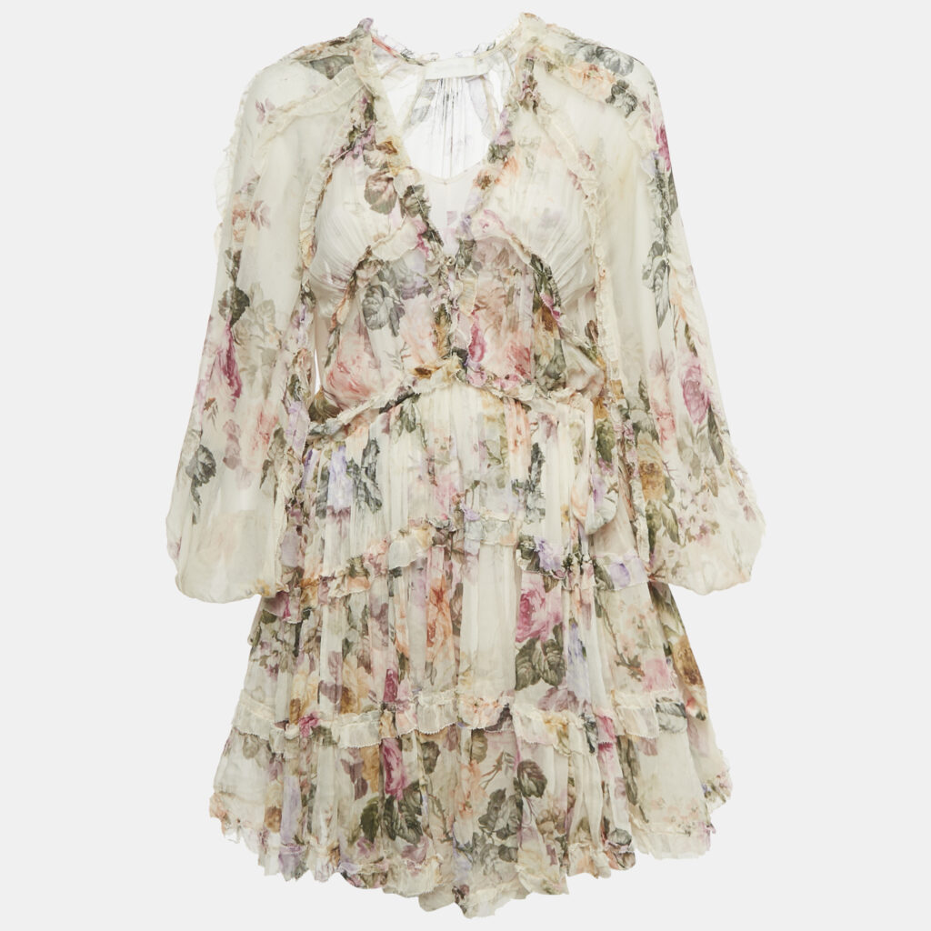 Zimmermann Beige Floral Print Silk Tiered Mini Dress S Zimmermann Beige Floral Print Silk Tiered Mini Dress S