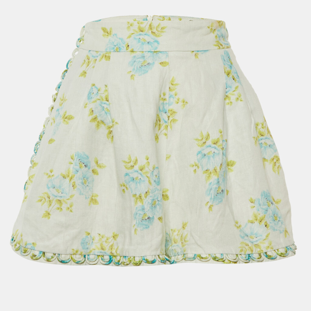 Zimmermann White Floral Print Linen Whitewave Pleated Shorts M
