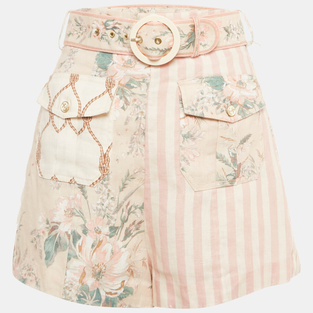 Zimmermann Pink Floral Print Linen Belted Shorts S