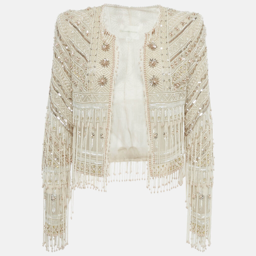 Zuhair Murad Cream Embellished Silk Blend Open Front Jacket M Zuhair Murad Cream Embellished Silk Blend Open Front Jacket M