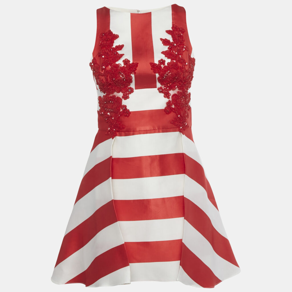 Zuhair Murad Red Striped Satin Embellished Mini Dress S Zuhair Murad Red Striped Satin Embellished Mini Dress S